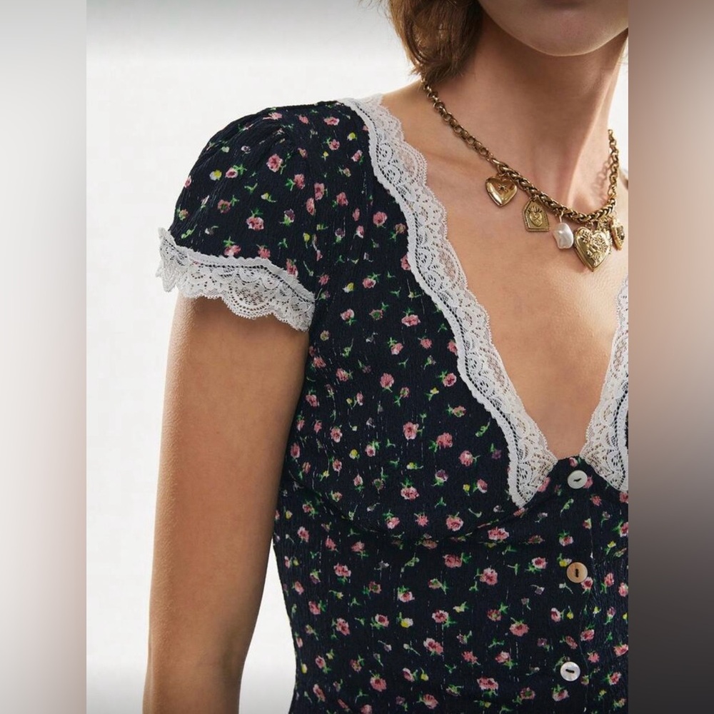 Floral Lace-Trim Cap Sleeve Button Down Vintage Style Dress - Picture 7 of 16